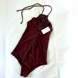 MIKOH Avalon Macrame Crochet Halter One Piece Swimsuit Maroon/Burgundy